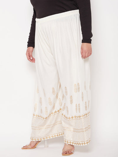 Cream Printed Wide Leg Rayon Palazzo