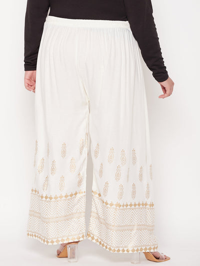 Cream Printed Wide Leg Rayon Palazzo