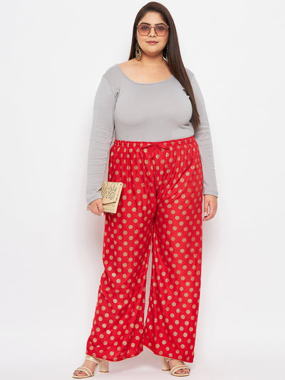 Red polka dot printed palazzo with elasticated waistband.