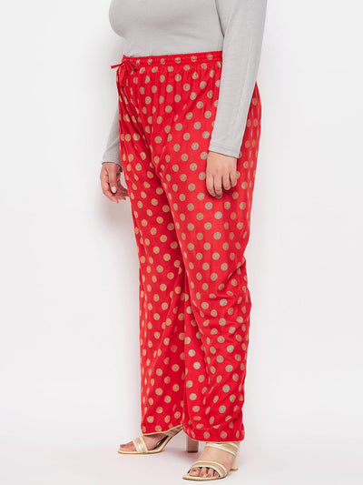 Red polka dot printed palazzo with elastic waistband and drawstring.