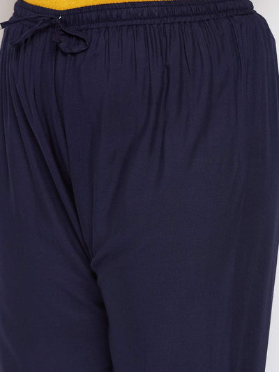 Navy Blue Hem Design Straight Palazzo with elasticated waistband and drawstring.