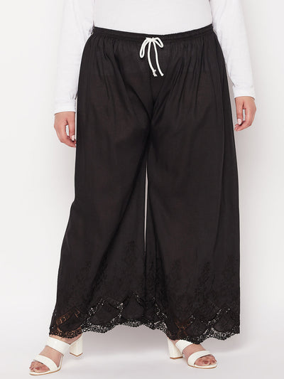 Black Embroidered Cotton Straight Palazzo