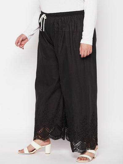 Black Embroidered Cotton Straight Palazzo