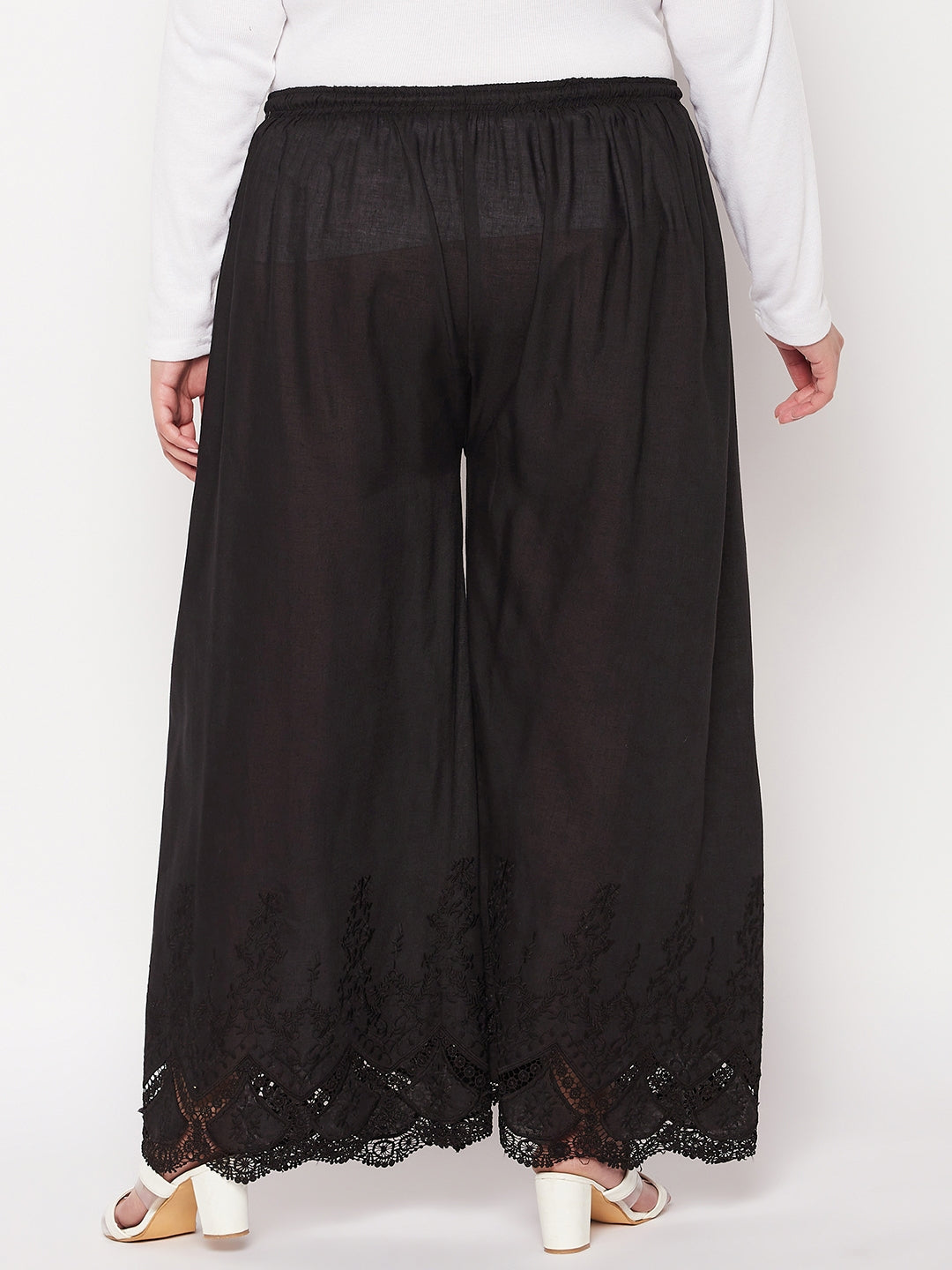 Black Embroidered Cotton Straight Palazzo