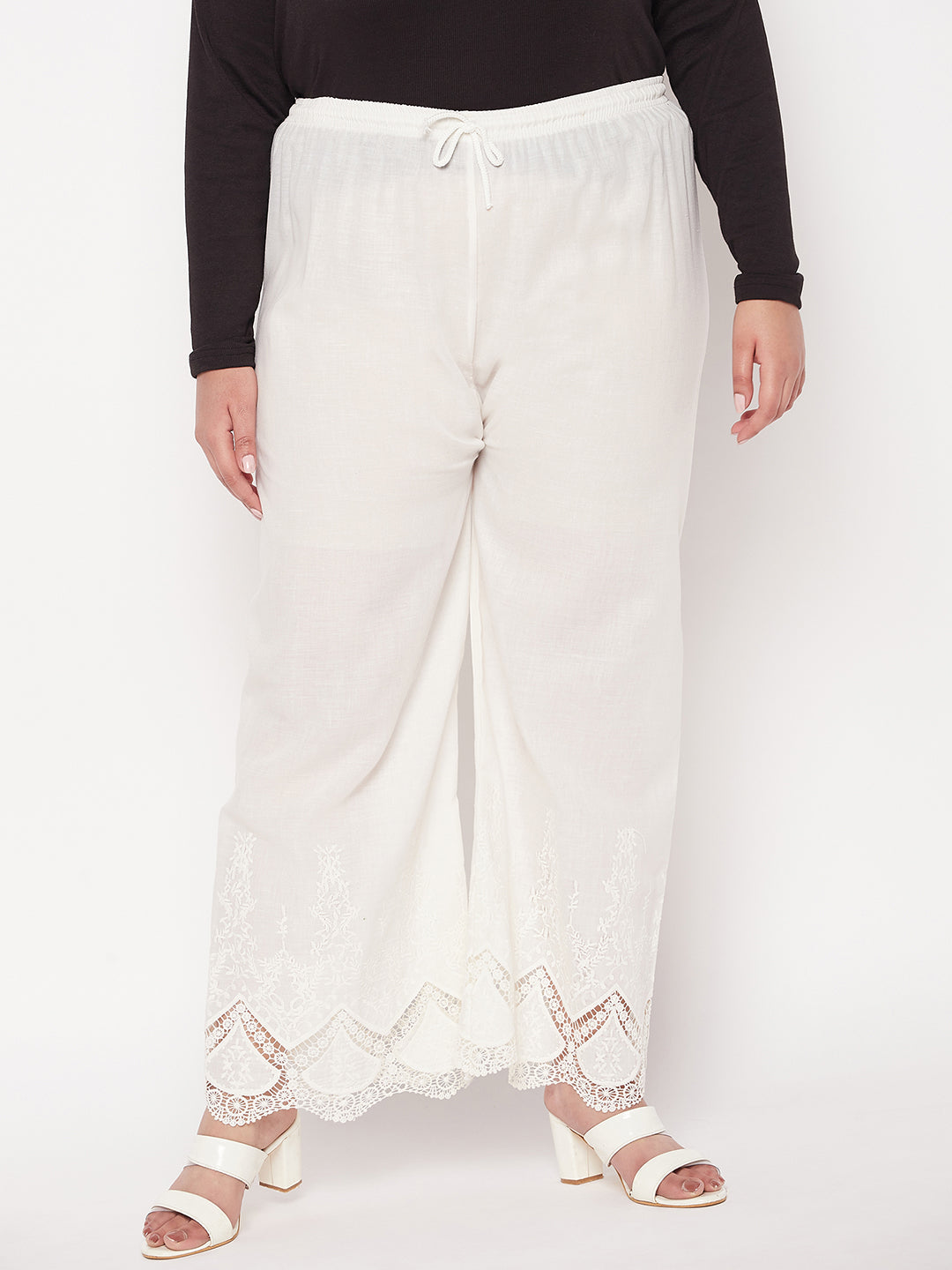 Cream Embroidered Cotton Straight Palazzo