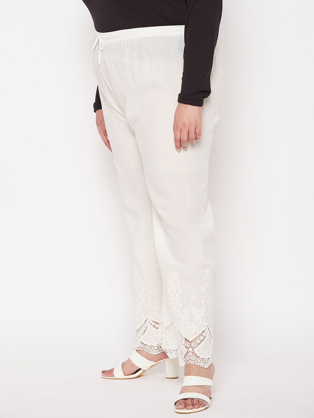 Cream Embroidered Cotton Straight Palazzo