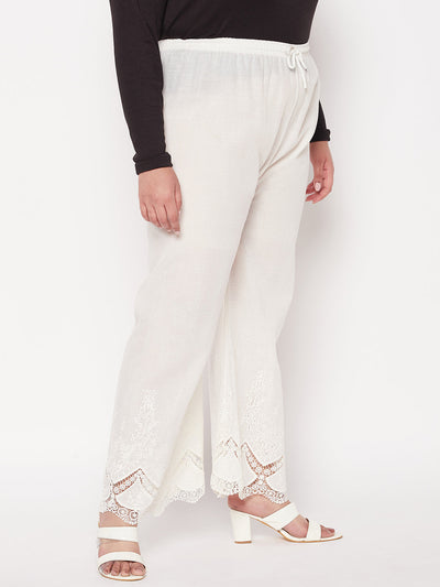 Cream Embroidered Cotton Straight Palazzo