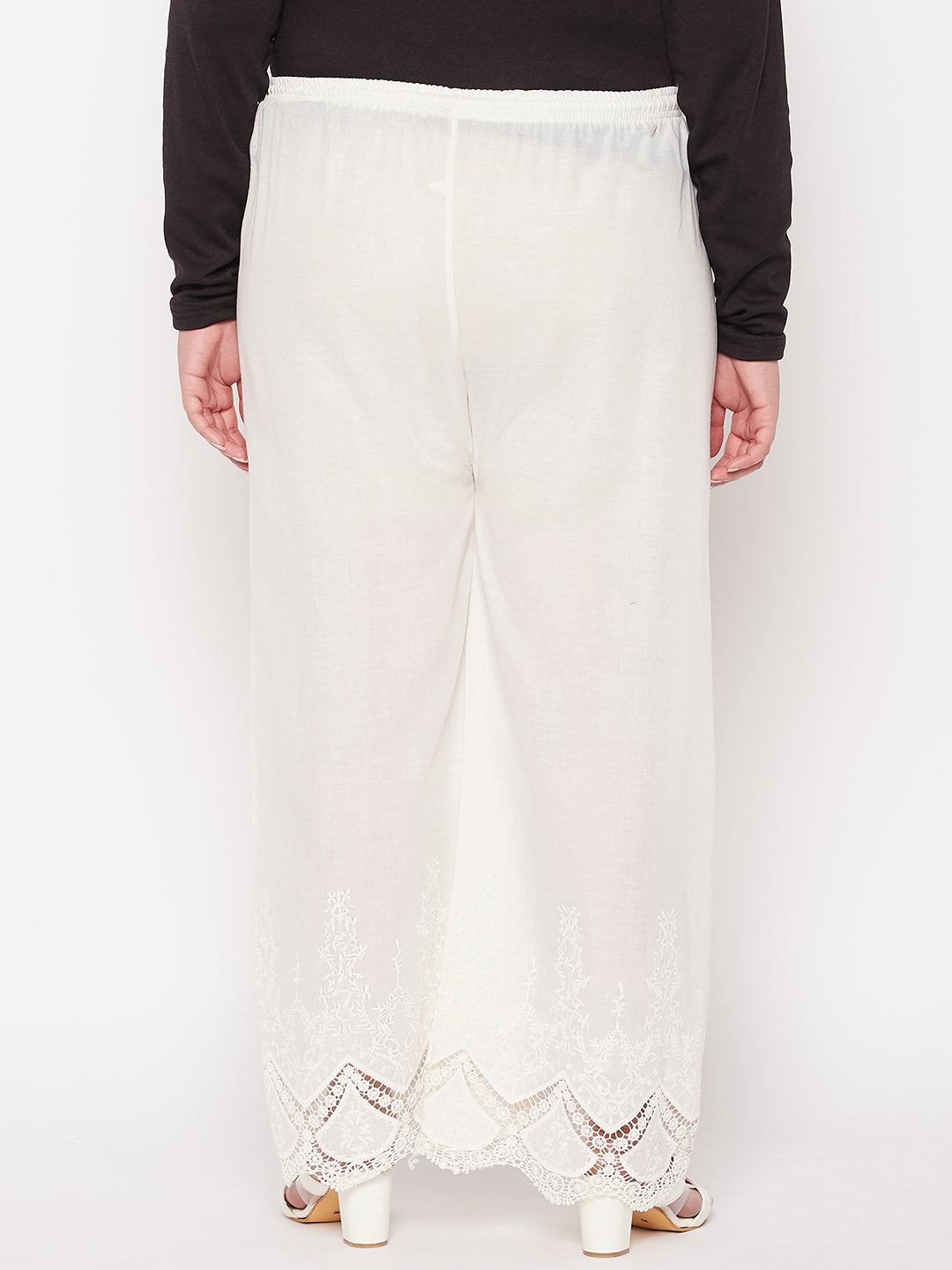 Cream Embroidered Cotton Straight Palazzo