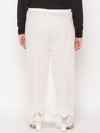 Cream Embroidered Cotton Straight Palazzo