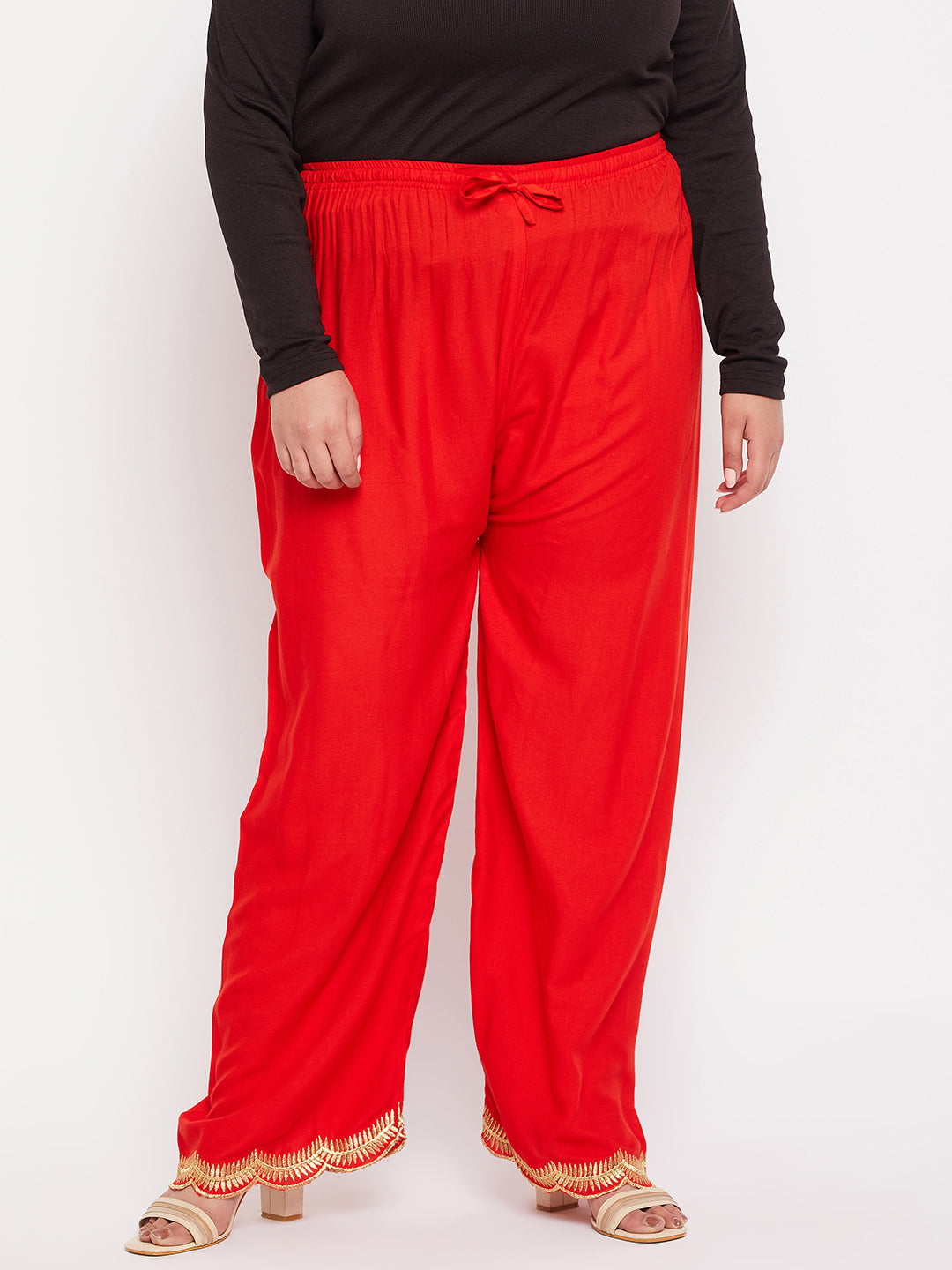 Red hem design straight palazzo with elastic waistband and drawstring.