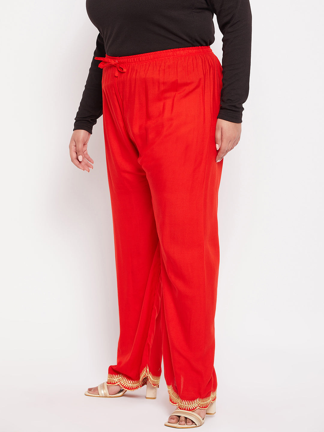 Red Hem Design Straight Palazzo with elasticated waistband and drawstring.