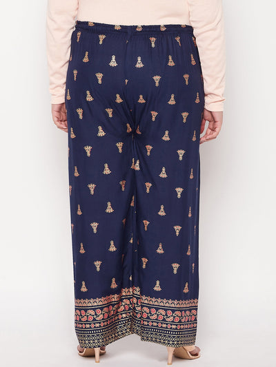 Navy blue printed rayon straight palazzo with elasticated waistband and drawstring.