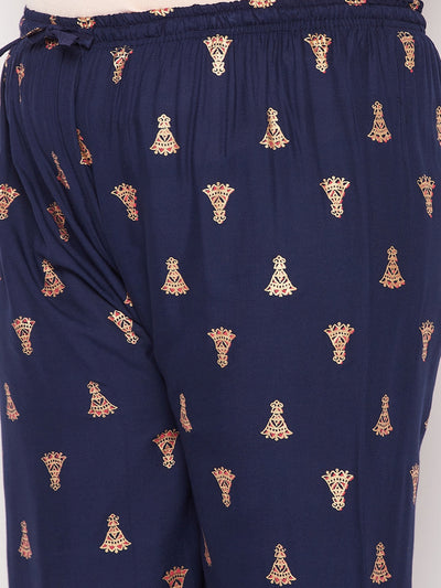 Navy blue printed rayon straight palazzo with elasticated waistband and drawstring.