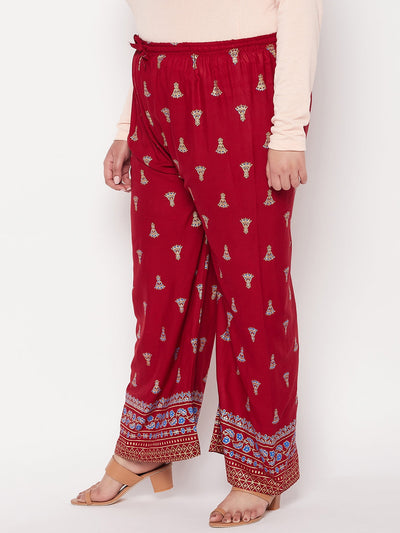 Maroon Printed Rayon Straight Palazzo with elasticated waistband and drawstring.