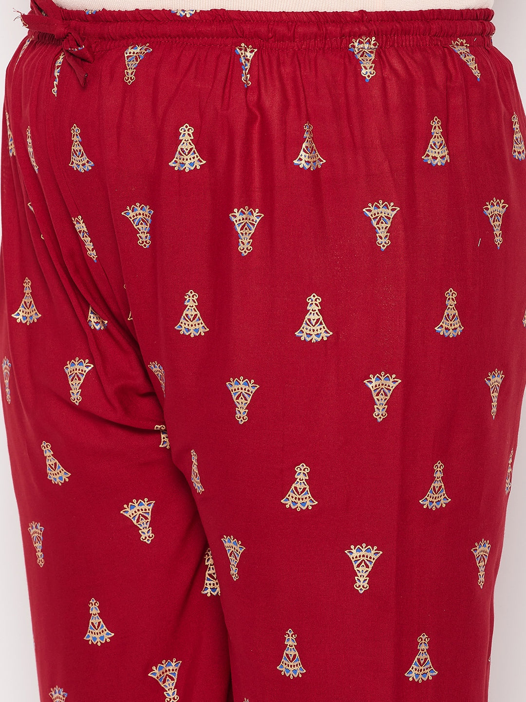 Maroon printed rayon straight palazzo with elasticated waistband and drawstring.