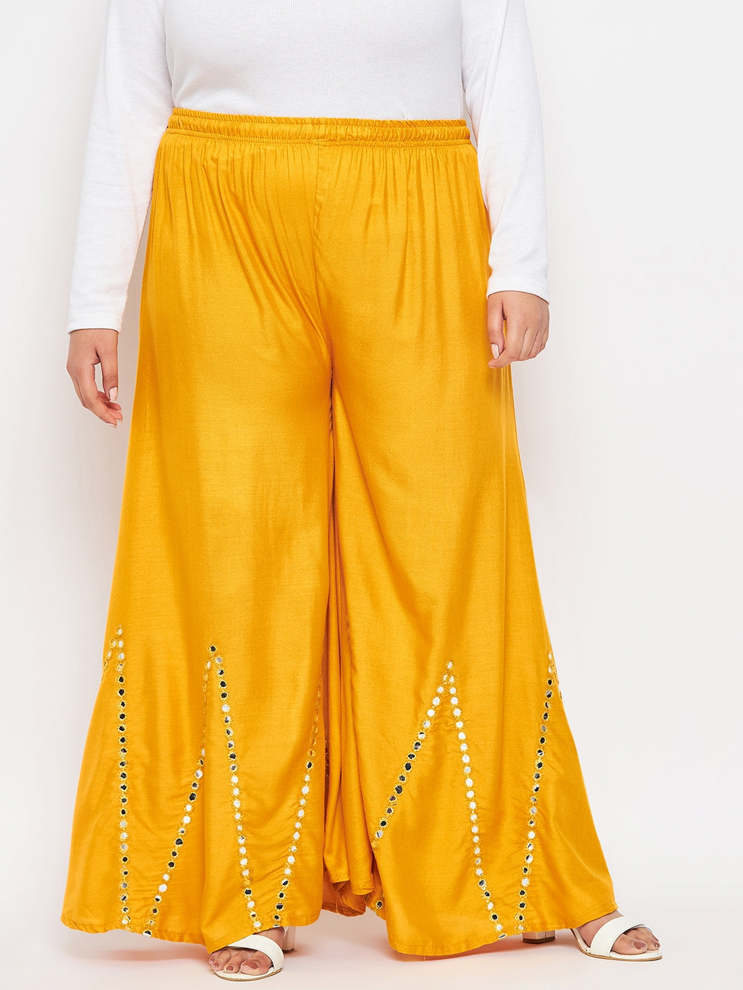 Mustard Mirror Work Rayon Sharara with elasticated waistband and drawstring.