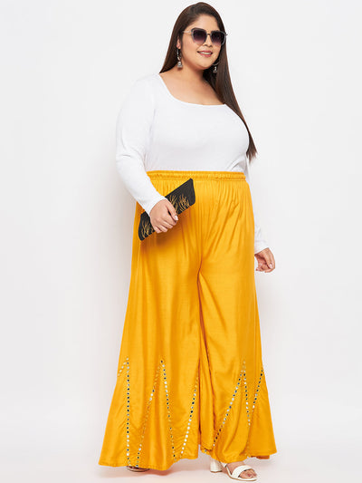 Mustard Mirror Work Rayon Sharara with elasticated waistband and drawstring