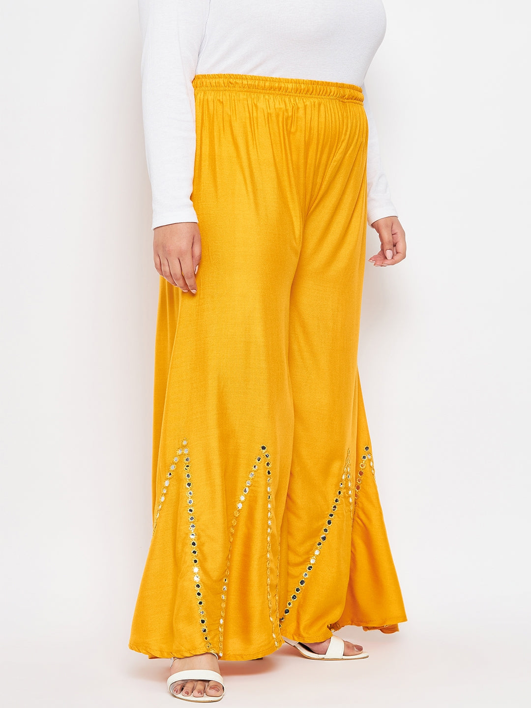 Mustard Mirror Work Rayon Sharara with elasticated waistband.