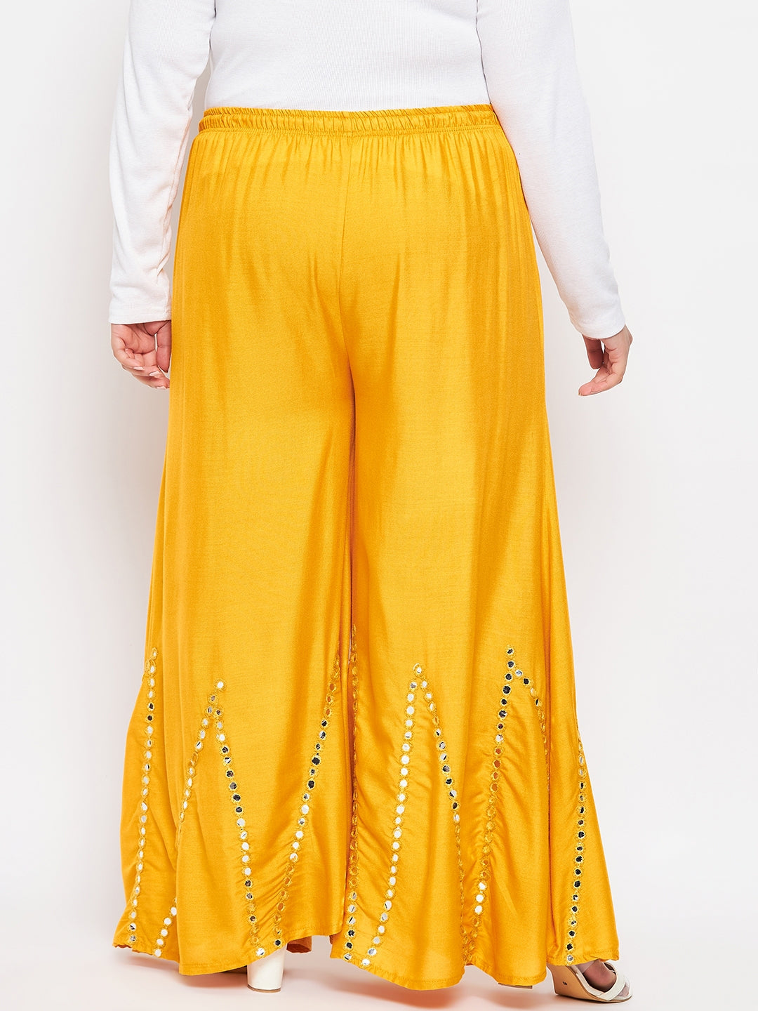 Mustard Mirror Work Rayon Sharara with elasticated waistband and drawstring.