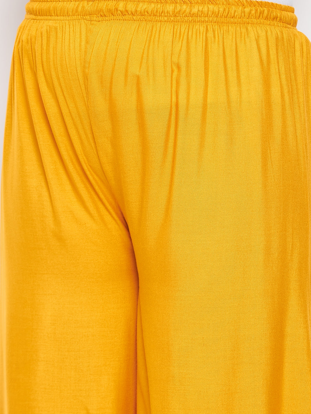 Mustard mirror work rayon sharara with elasticated waistband.