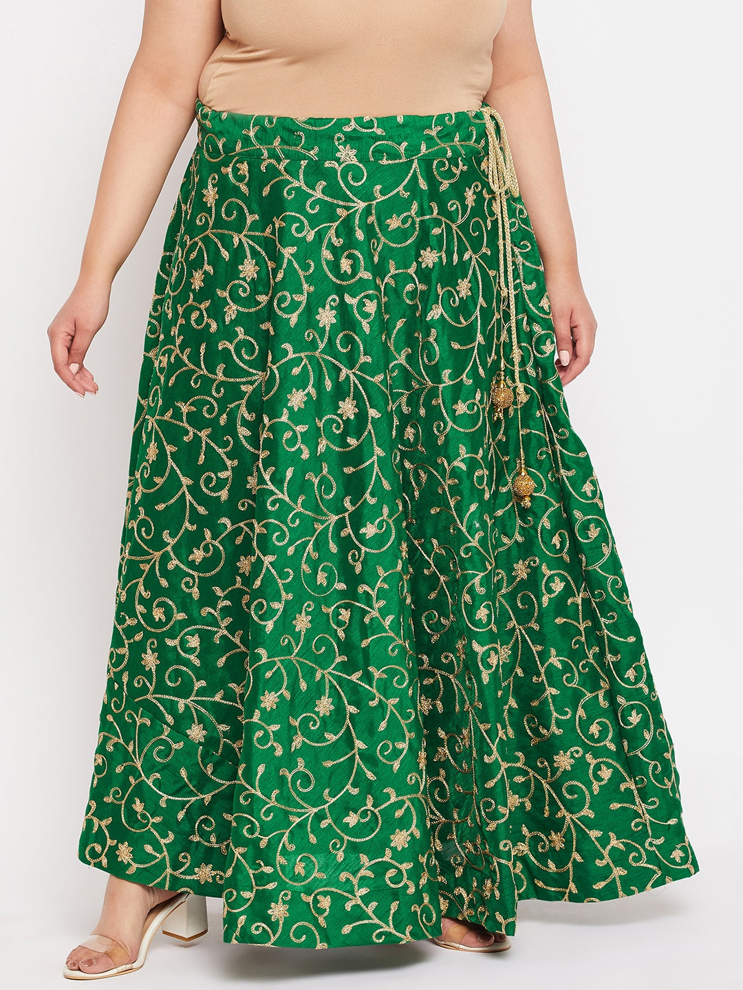 Bottle Green & Gold Embroidered Flared Skirt