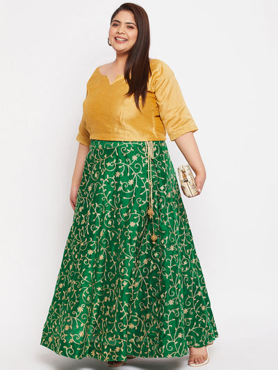 Bottle Green & Gold Embroidered Flared Skirt