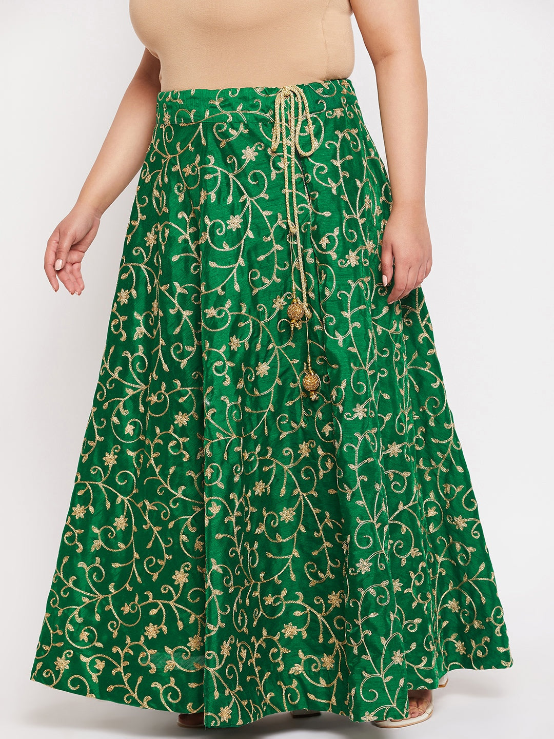 Bottle Green & Gold Embroidered Flared Skirt