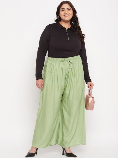 Pista Green Solid Rayon Jumbo Sharara with elastic waist and drawstring.