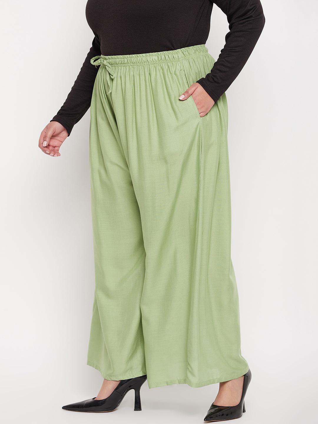 Pista Green Solid Rayon Jumbo Sharara with elasticated waistband and drawstring.