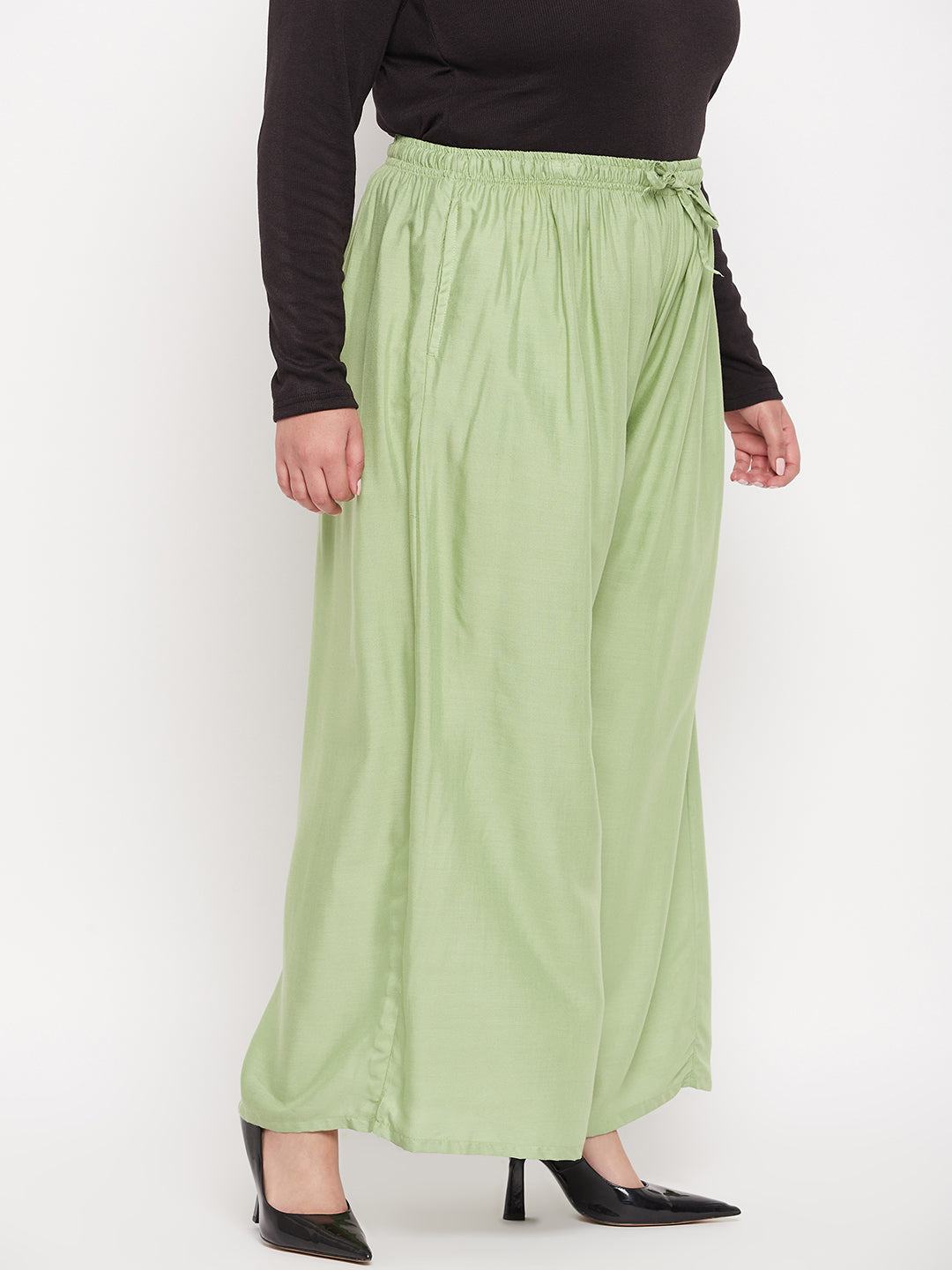 Pista Green Solid Rayon Jumbo Sharara with elasticated waistband and drawstring.