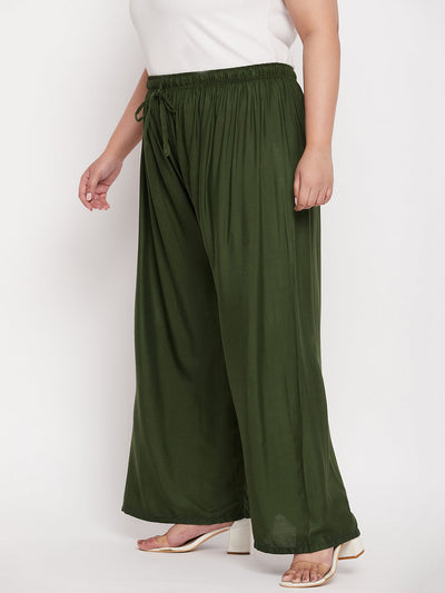 Olive solid rayon palazzo with elasticated waistband and drawstring.