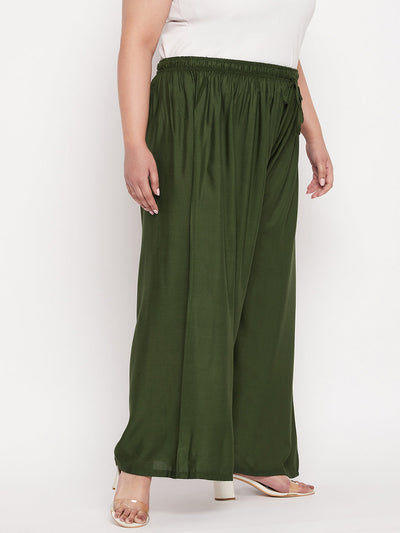 Olive solid rayon palazzo with elasticated waistband and drawstring.