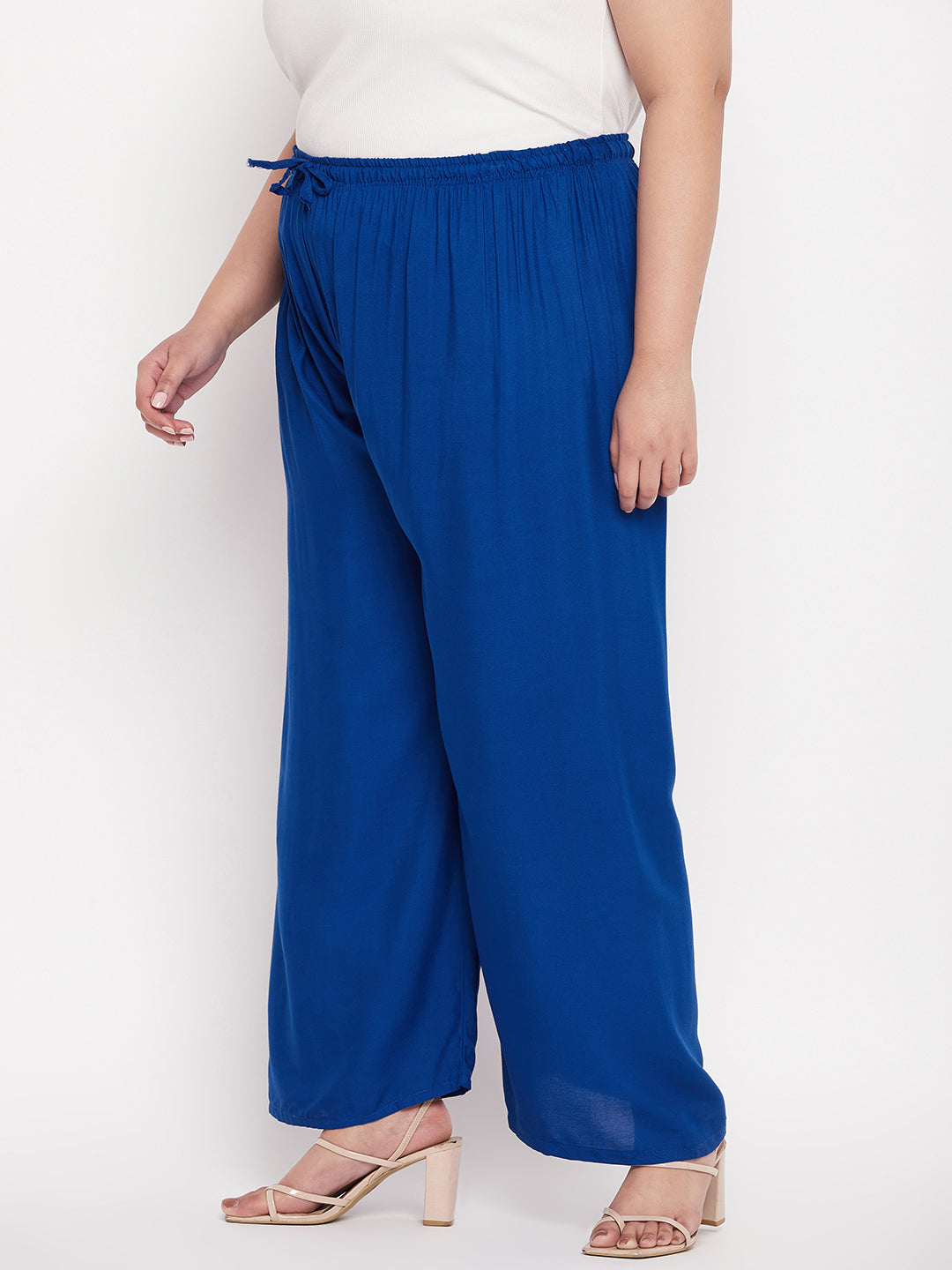 Royal Blue Solid Rayon Palazzo with elastic waistband and drawstring.