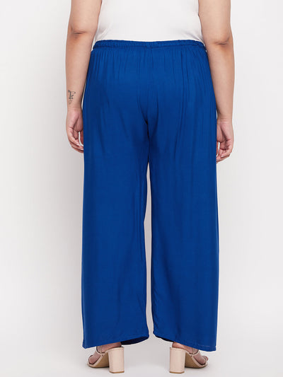 Royal Blue Solid Rayon Palazzo with elasticated waistband and drawstring.