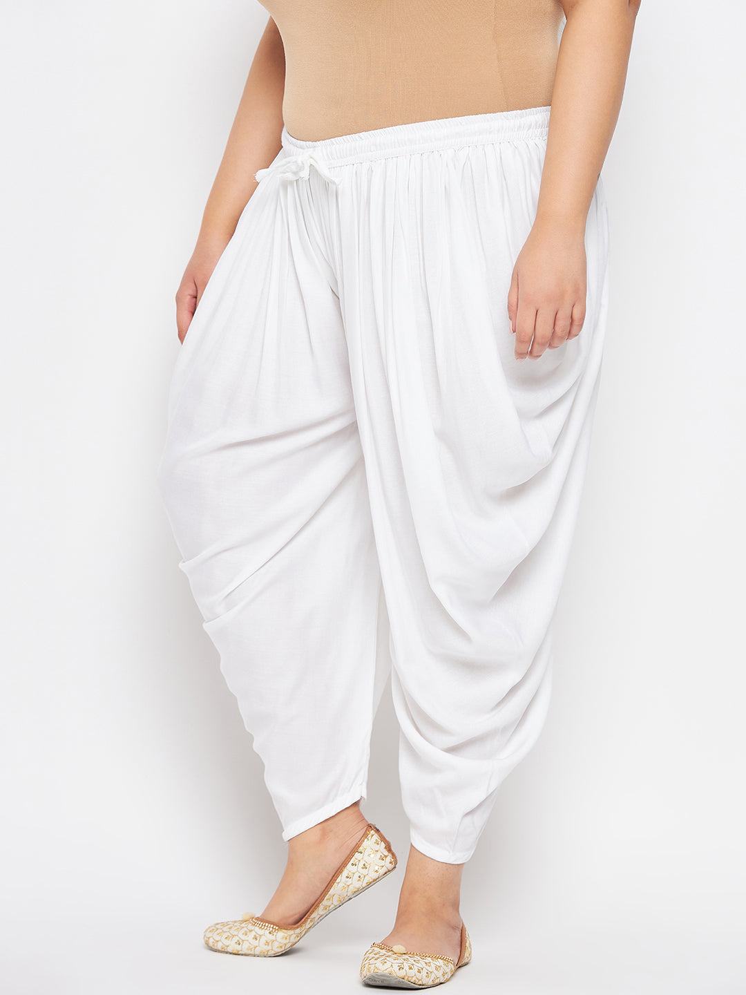 White solid rayon dhoti salwar with elasticated waistband and drawstring.