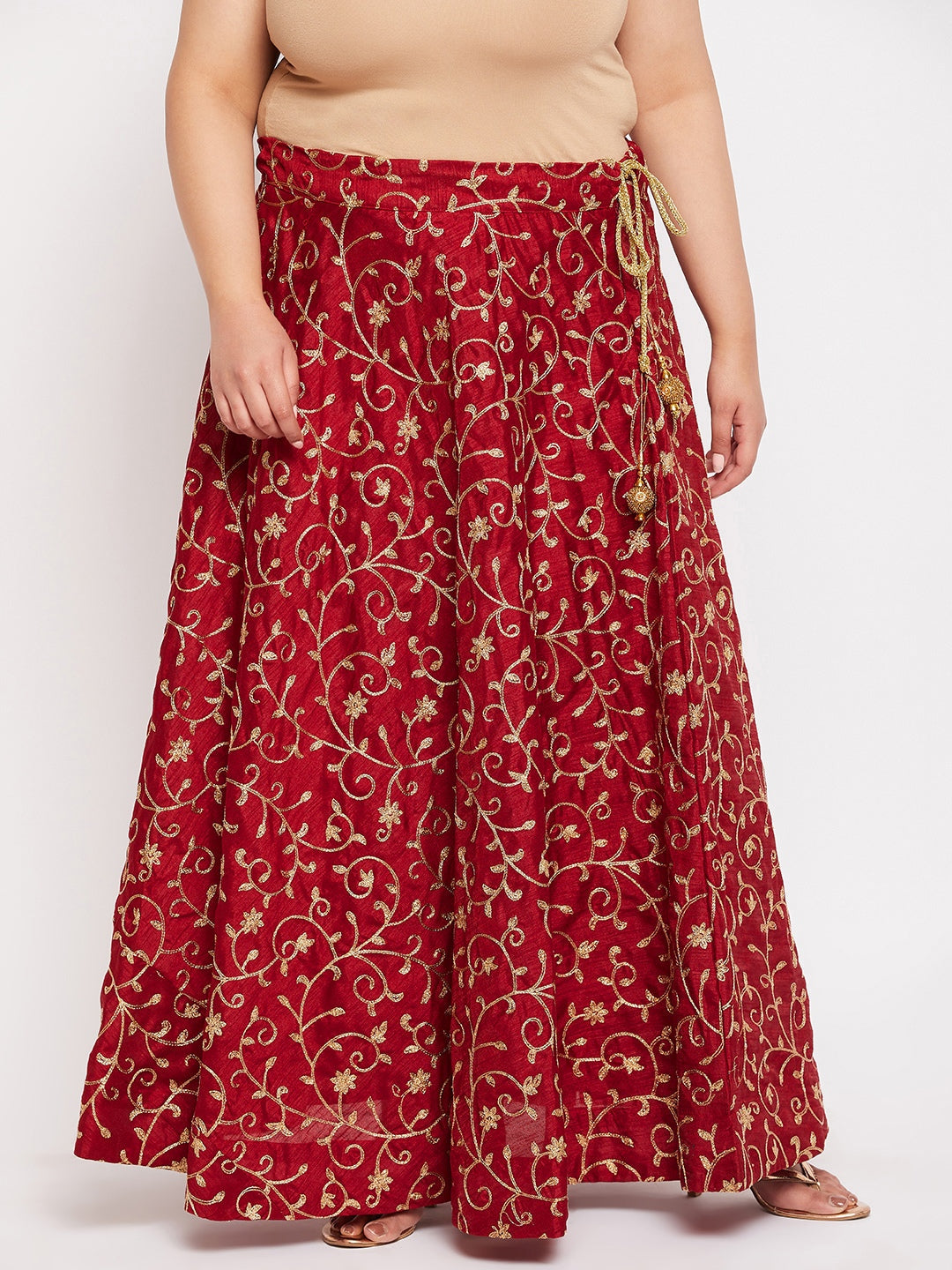 Maroon & Gold Embroidered Flared Skirt