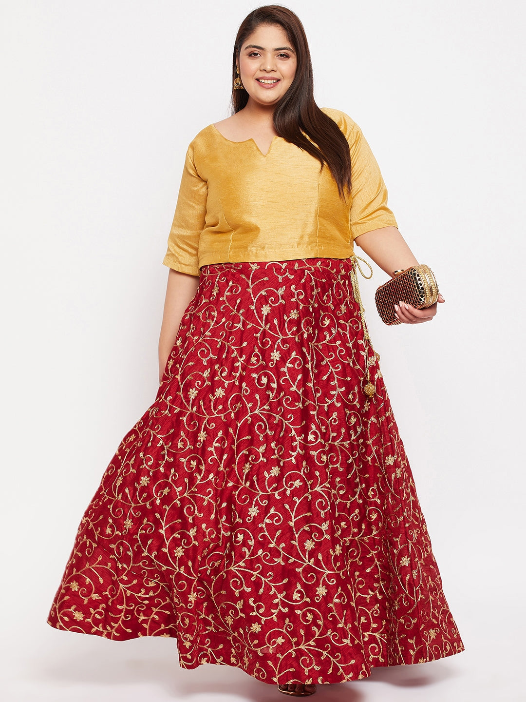 Maroon & Gold Embroidered Flared Skirt