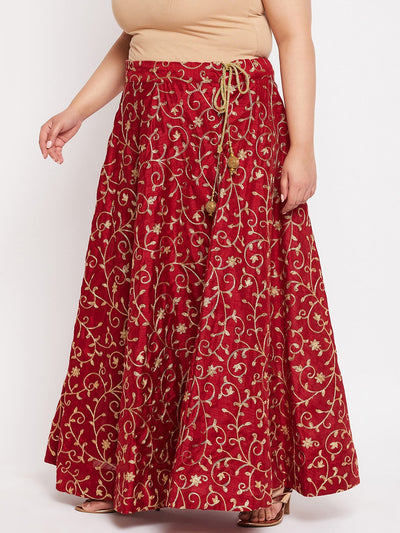 Maroon & Gold Embroidered Flared Skirt