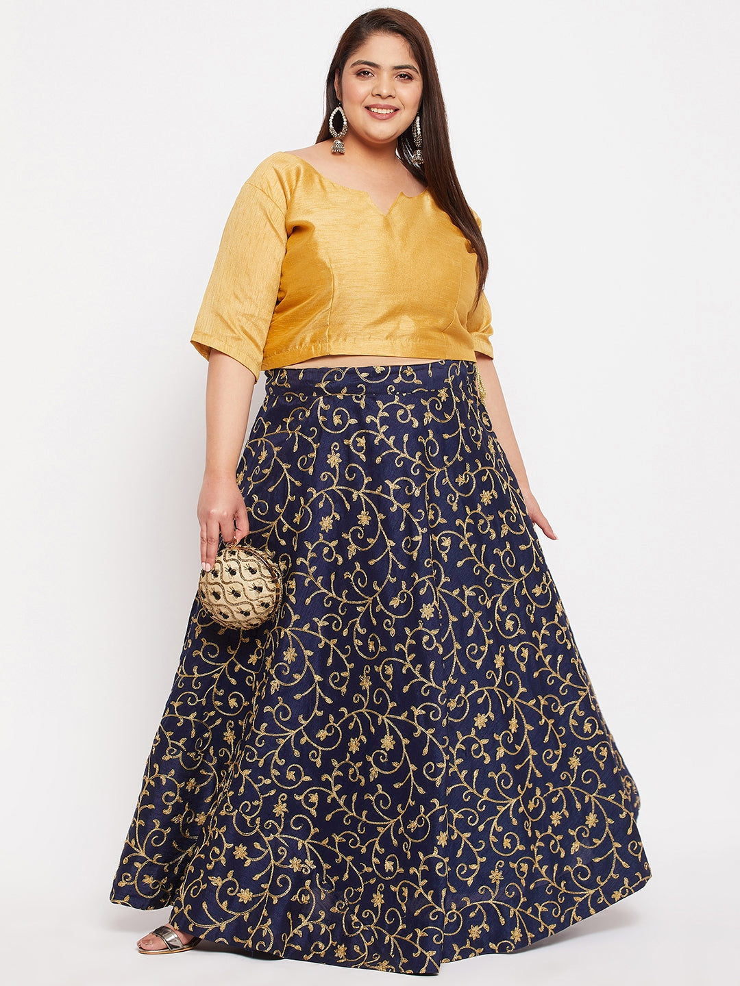 Navy Blue & Gold Embroidered Flared Skirt