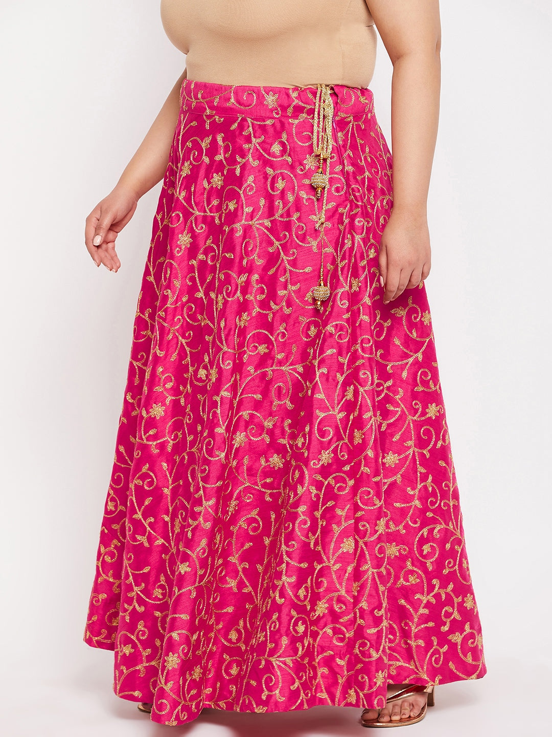 Magenta & gold embroidered flared skirt with drawstring waistband.