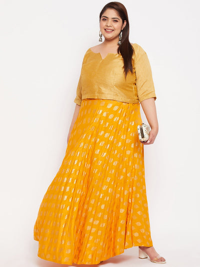 Mustard Printed Flared Rayon Skirt