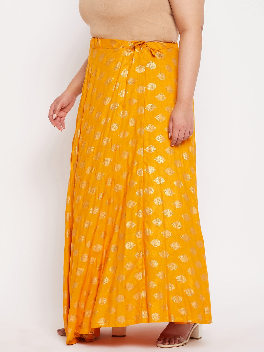 Mustard Printed Flared Rayon Skirt