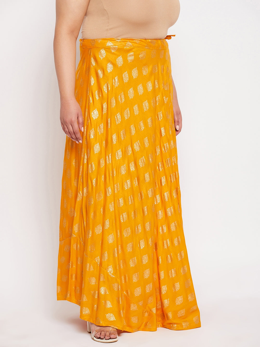 Mustard Printed Flared Rayon Skirt