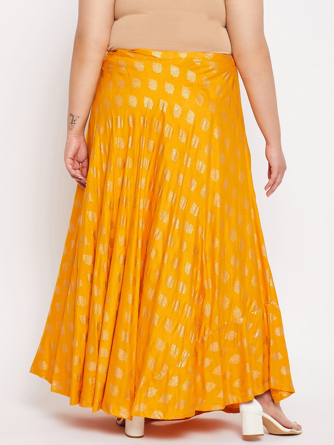 Mustard Printed Flared Rayon Skirt