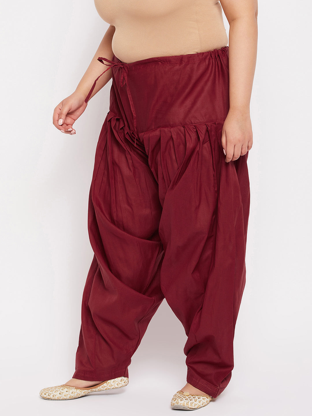 Maroon solid full Patiala cotton salwar with drawstring waistband.