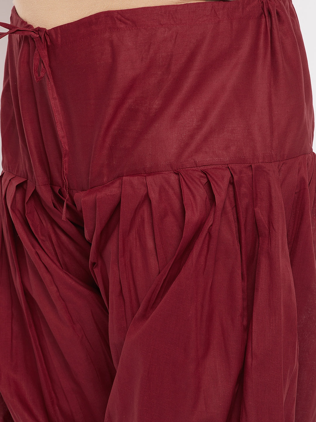 Maroon solid full Patiala cotton salwar with drawstring waistband.