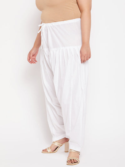 White solid full Patiala cotton salwar with drawstring waistband.