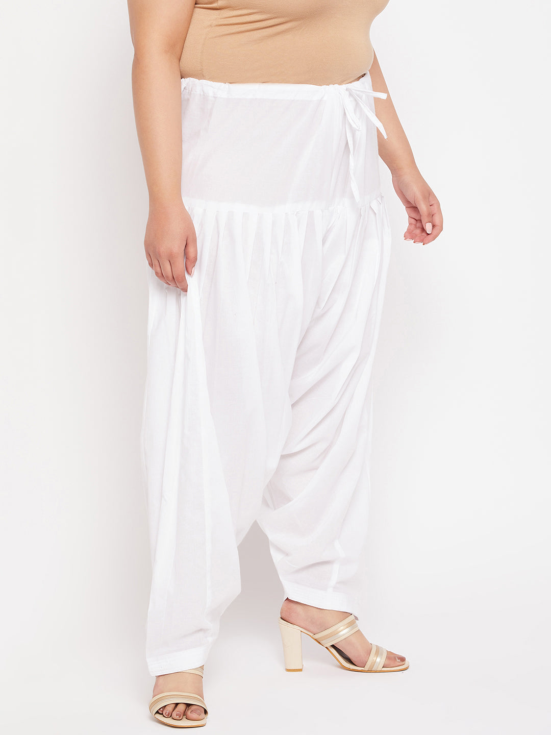 White solid full Patiala cotton salwar with drawstring waistband.