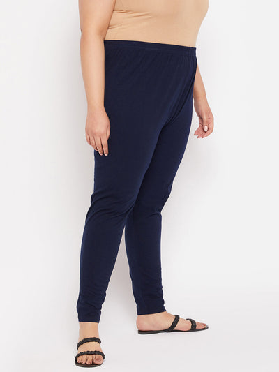 Navy Blue Solid Ankle Length Leggings with elasticated waistband.