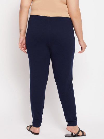 Navy blue ankle length leggings with elasticated waistband.